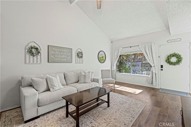 living room with high vaulted ceiling, a textured ceiling, and hardwood / wood-style floors