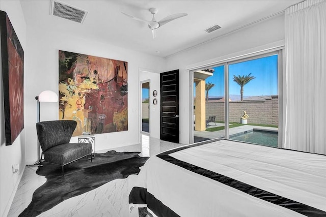 bedroom featuring access to exterior and ceiling fan