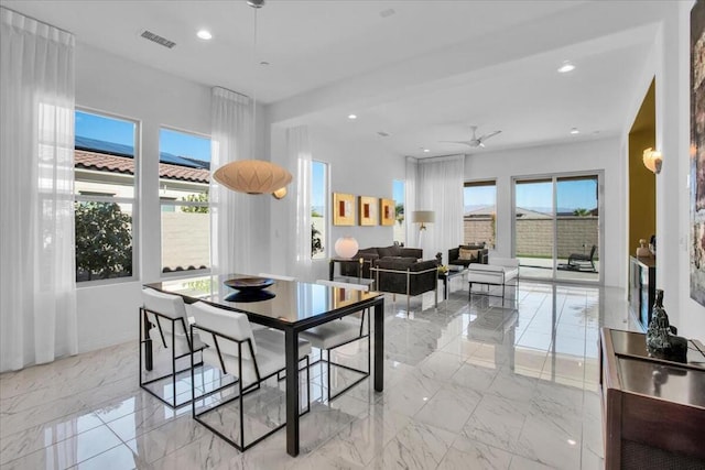 dining room with a healthy amount of sunlight and ceiling fan