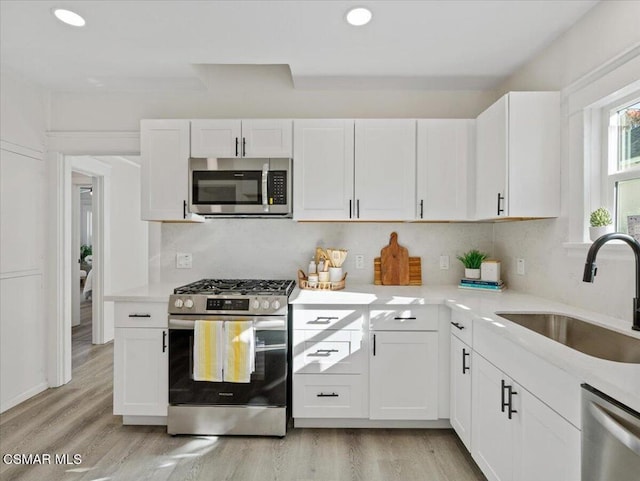 kitchen featuring white cabinets, appliances with stainless steel finishes, sink, backsplash, and light wood-type flooring