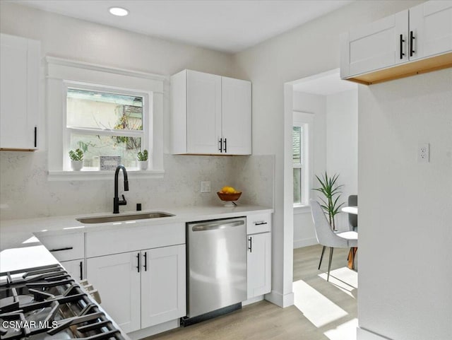 kitchen with white cabinetry, backsplash, stainless steel dishwasher, light hardwood / wood-style flooring, and sink