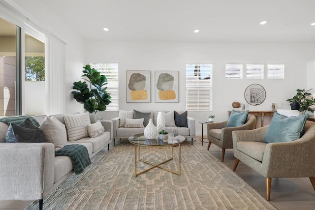 living room with plenty of natural light and hardwood / wood-style floors