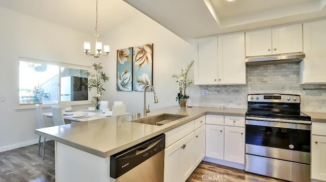 kitchen with sink, white cabinetry, kitchen peninsula, and stainless steel appliances