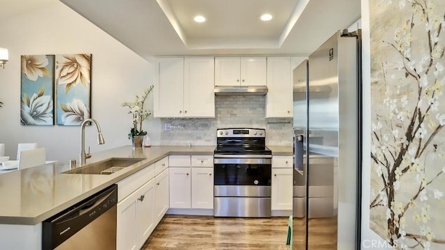 kitchen with sink, kitchen peninsula, white cabinets, and stainless steel appliances