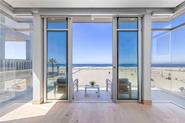 entryway featuring floor to ceiling windows, light hardwood / wood-style floors, a water view, and a healthy amount of sunlight