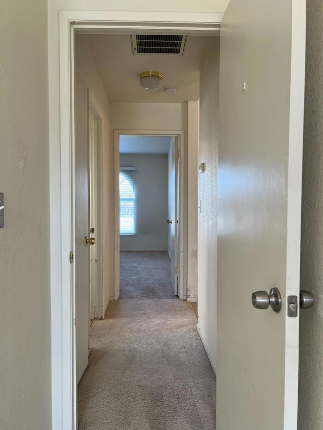 corridor featuring light colored carpet