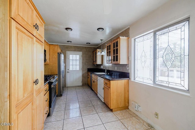 kitchen with stainless steel appliances, a healthy amount of sunlight, decorative light fixtures, and sink