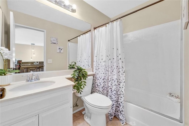 full bathroom with toilet, shower / tub combo, tile patterned flooring, and vanity