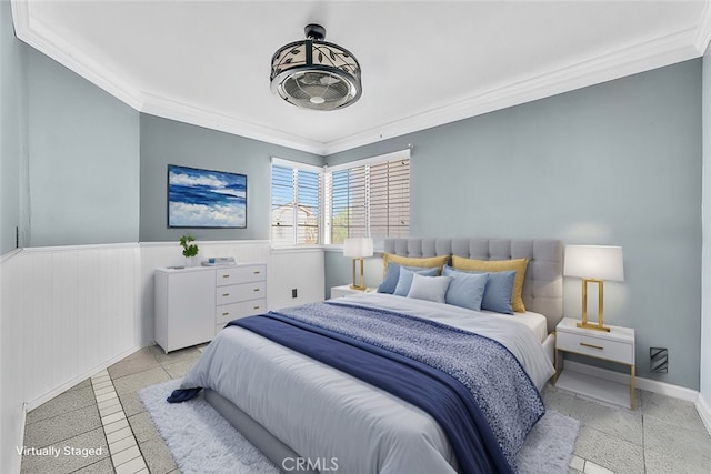 tiled bedroom with crown molding