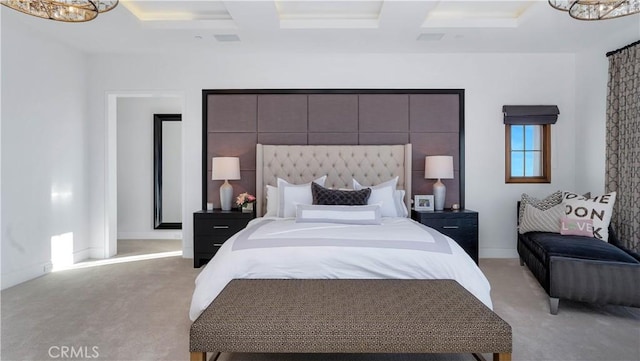 bedroom with beamed ceiling, coffered ceiling, and light carpet