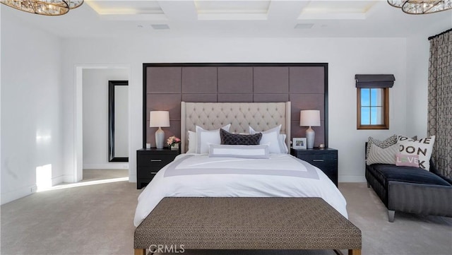 bedroom with light carpet, baseboards, and coffered ceiling