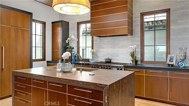 kitchen featuring a wealth of natural light, sink, a kitchen island with sink, range, and custom range hood