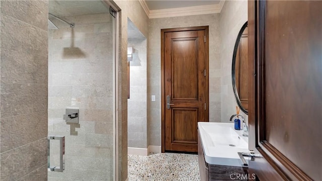 2 Thomas Rd, Ladera Ranch, CA 92694 - bathroom with crown molding, a shower stall, and vanity
