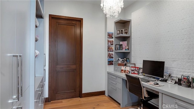 2 Thomas Rd, Ladera Ranch, CA 92694 - office with light wood-style flooring, a chandelier, and built in study area