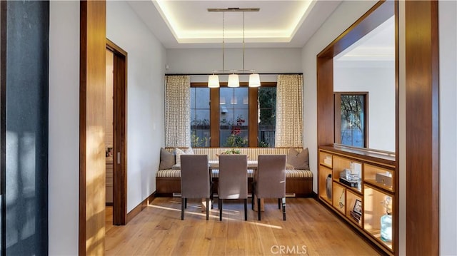 dining space with breakfast area, a tray ceiling, and light hardwood / wood-style flooring