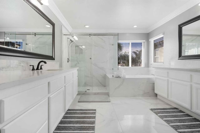 bathroom with vanity, ornamental molding, and shower with separate bathtub