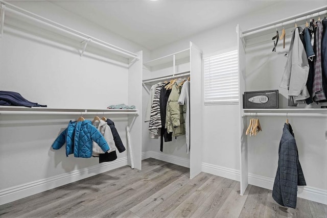 walk in closet with light hardwood / wood-style flooring