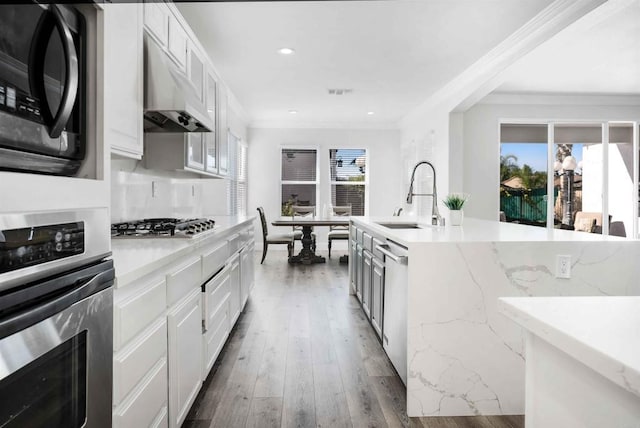 kitchen with light stone countertops, wood-type flooring, white cabinets, and sink