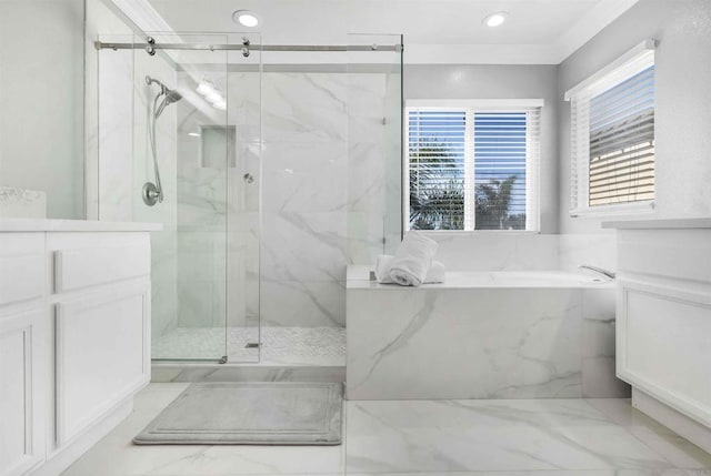 bathroom with separate shower and tub, vanity, and crown molding