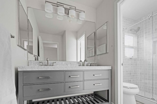 bathroom featuring toilet, vanity, and an enclosed shower