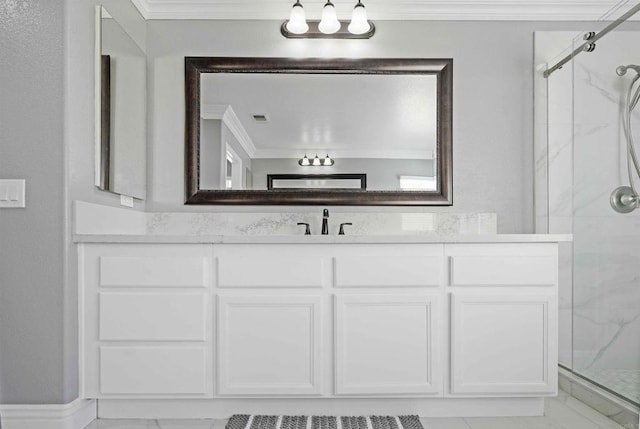 bathroom with an enclosed shower, vanity, and crown molding