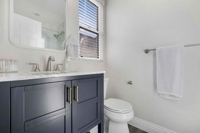 bathroom featuring a shower with shower door, wood-type flooring, toilet, and vanity