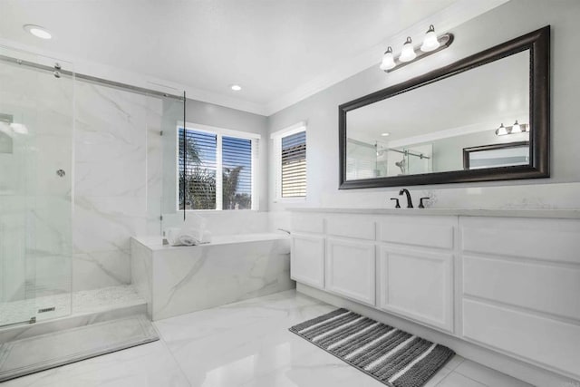 bathroom with separate shower and tub, vanity, and crown molding