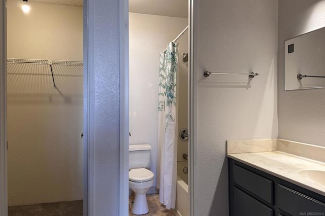 full bathroom with toilet, vanity, and shower / bath combination with curtain