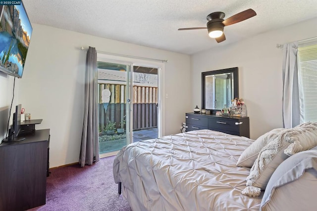 bedroom with ceiling fan, dark colored carpet, access to outside, and multiple windows