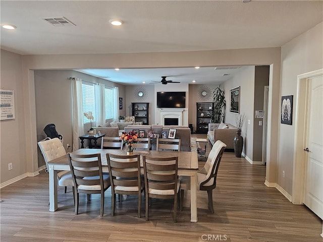 dining area featuring ceiling fan and hardwood / wood-style floors