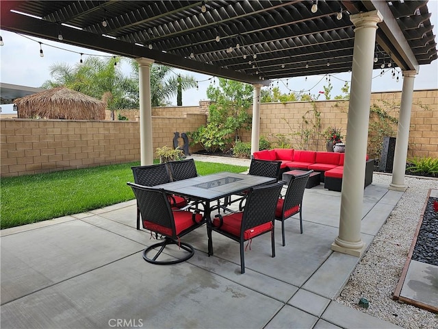 view of patio / terrace with an outdoor living space and a pergola