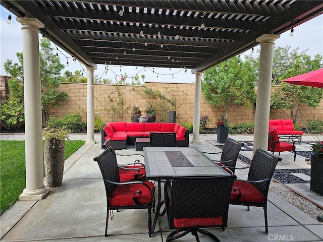 view of patio featuring outdoor lounge area and a pergola