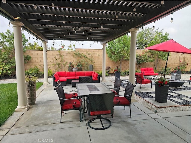 view of patio / terrace featuring an outdoor hangout area and a pergola