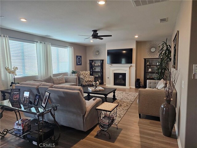 living room with ceiling fan and hardwood / wood-style floors