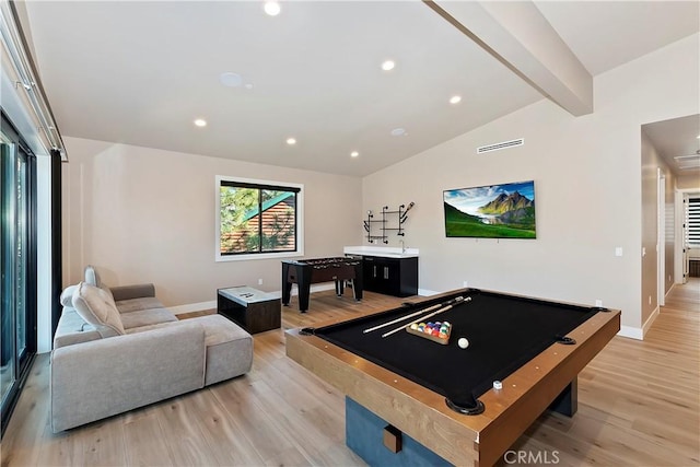 rec room with billiards, light hardwood / wood-style flooring, and lofted ceiling with beams