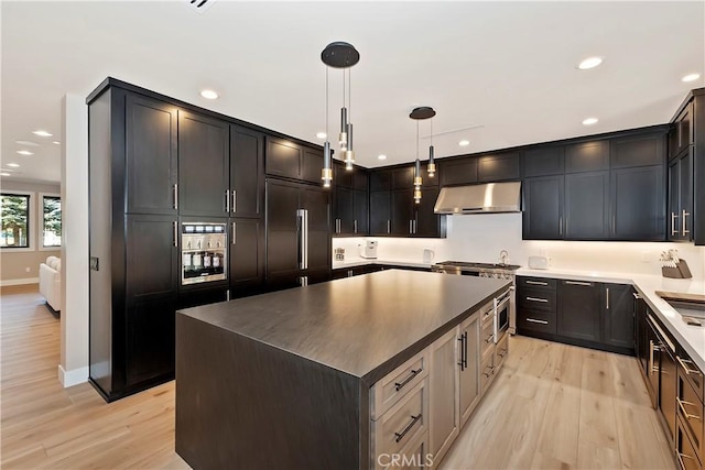 kitchen with decorative light fixtures, light wood-type flooring, high end appliances, and a kitchen island