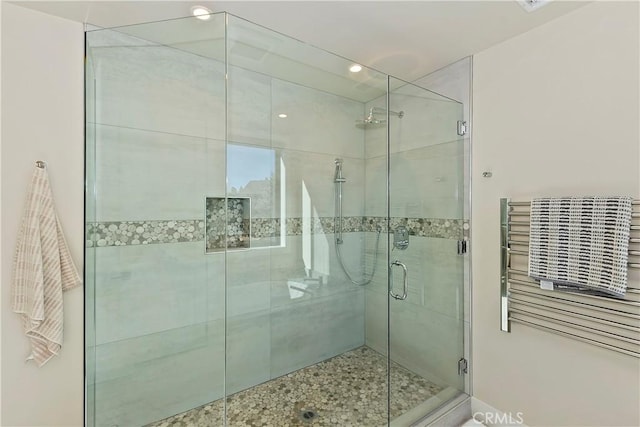 bathroom featuring a shower with door