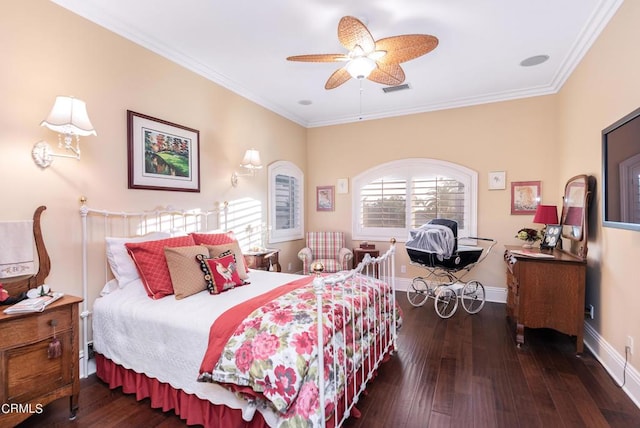 bedroom featuring ceiling fan, dark wood-type flooring, and ornamental molding