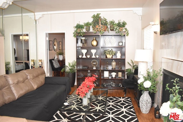 living room with a tiled fireplace and dark wood-type flooring