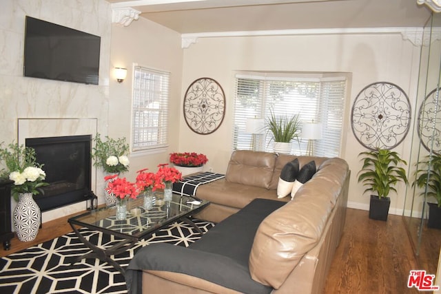 living room featuring a tile fireplace, plenty of natural light, and dark wood-type flooring