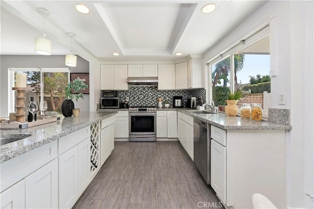 kitchen with decorative light fixtures, white cabinets, appliances with stainless steel finishes, and a tray ceiling