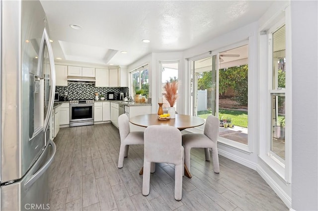 dining room featuring ceiling fan, sink, a raised ceiling, and light wood-type flooring