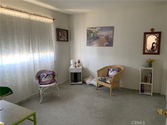 living area featuring light colored carpet