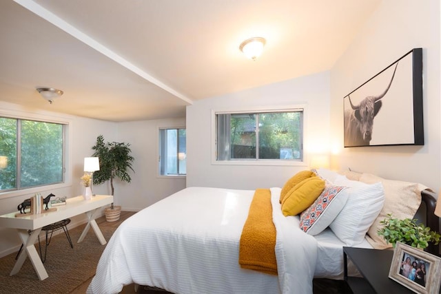 bedroom with vaulted ceiling and multiple windows