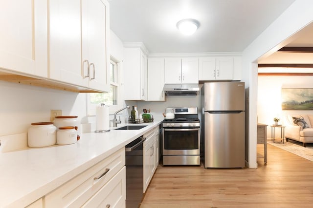 kitchen featuring sink, white cabinets, light hardwood / wood-style floors, and appliances with stainless steel finishes