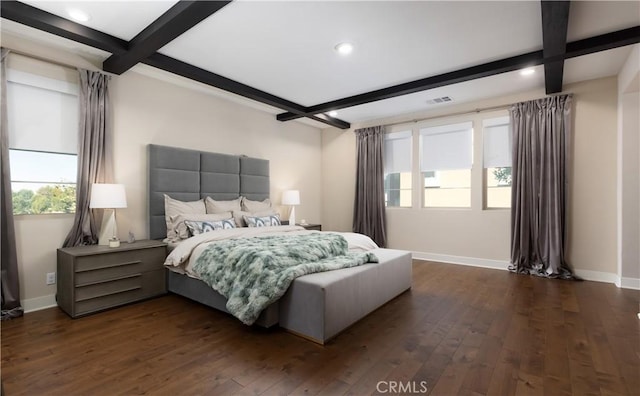 bedroom with dark hardwood / wood-style flooring, beamed ceiling, and coffered ceiling