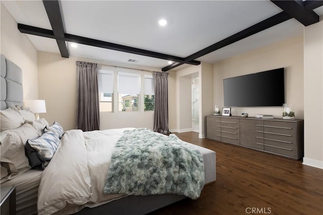 bedroom with dark wood-type flooring, coffered ceiling, and beamed ceiling