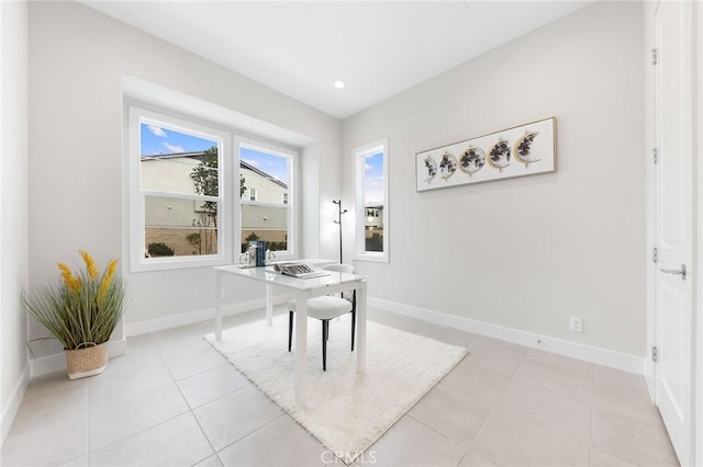 home office featuring recessed lighting, baseboards, and light tile patterned flooring