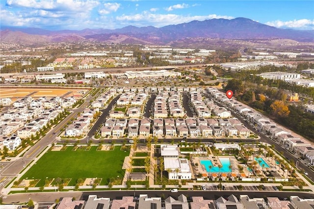 drone / aerial view featuring a mountain view