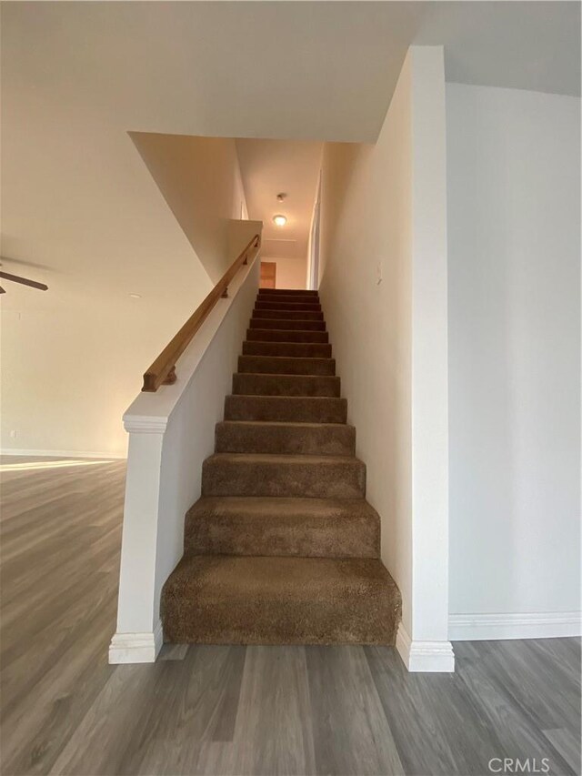 stairs with ceiling fan and wood-type flooring